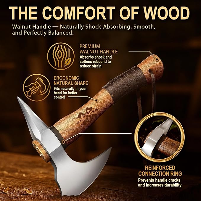 Grumpy Bear 11 Survival Axe Camping Hatchet – Forged High Carbon Steel Blade with Walnut Wood Handle – Shock-Absorbing Anti-Slip Grip – Ideal for Bushcraft Wood Splitting &amp Outdoor Adventures