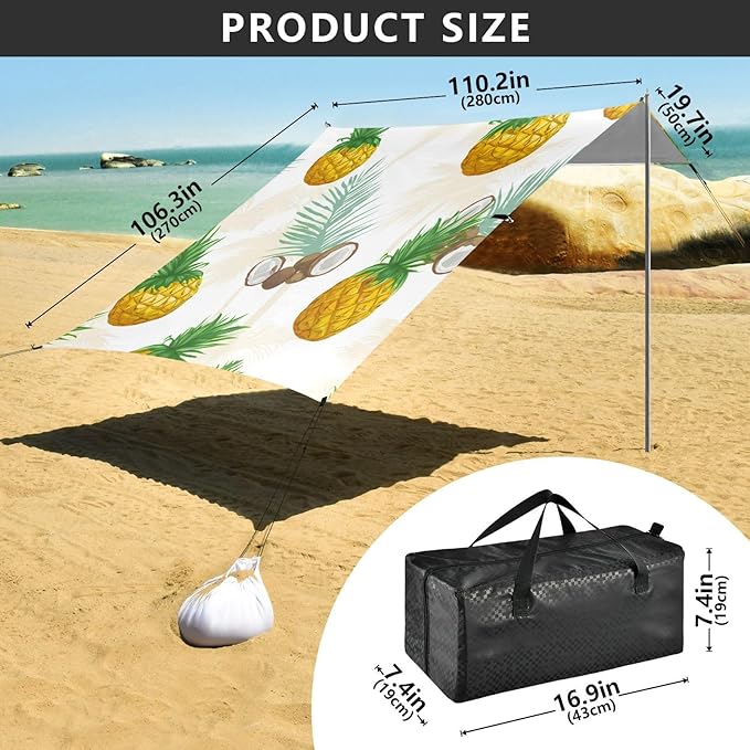 Beach Canopy with Windproof Ropes &amp Sandbags Beach Tent Sun Shade Sun Shelter for Camping Trips Fishing Backyard Fun or Picnics Pineapple and Coconut