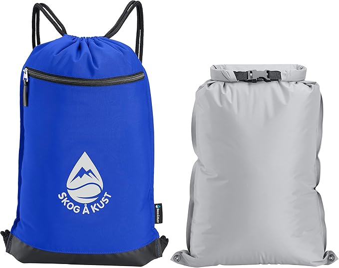 Skog Å Kust GymSak | Patented 2-in-1 Drawstring Cinch Bag with Removable Waterproof Dry Bag | Blue &amp Grey