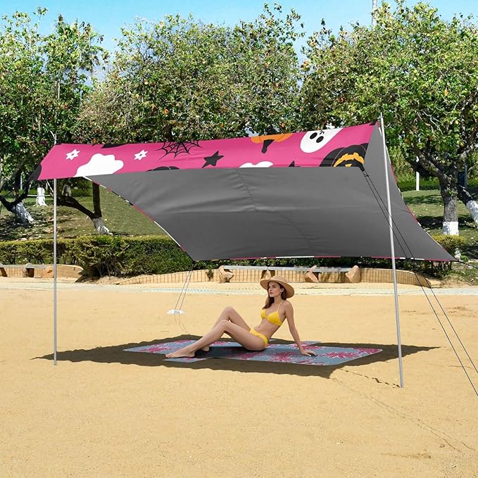 ALAZA Cute Ghost Pumpkin Bat Halloween Beach Tent Sun Shelter UPF50+ Protection Beach Shade Canopy w/ 4 Sandbags for Outdoor Camping Fishing Backyard Fun Picnic 10x9 ft