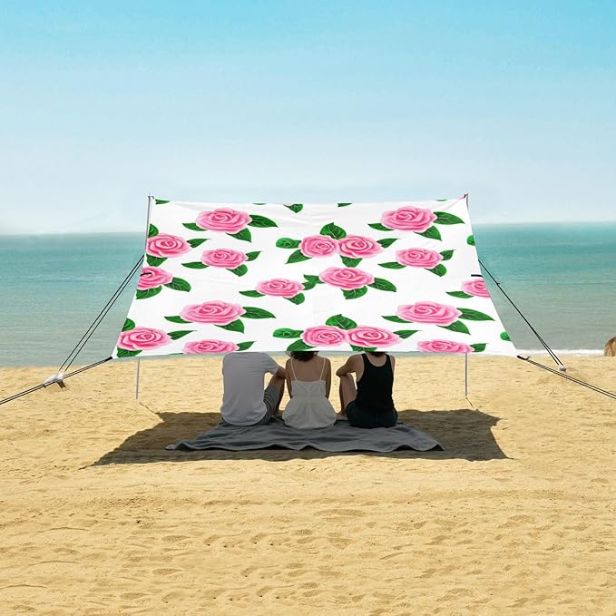 Beach Canopy with Windproof Ropes &amp Sandbags Beach Tent Sun Shade Sun Shelter for Camping Trips Fishing Backyard Fun or Picnics Roses