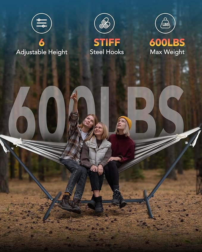 Everyfun Hammock with Heavy-Duty Steel StandPortableEasy Assembly600lbs Weight CapacitySuit for IndoorYardCampingor OutdoorBlack White