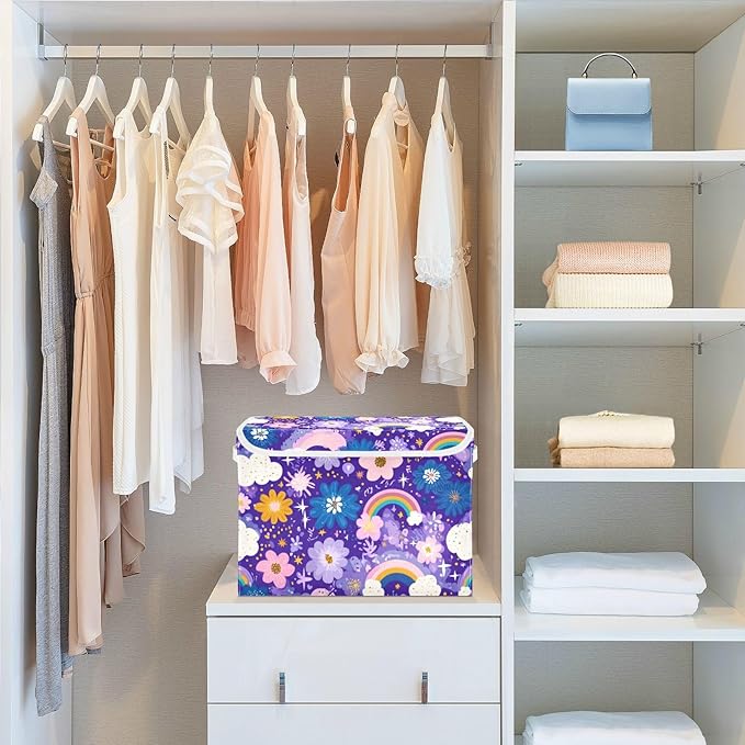 Collapsible Storage Bins with Lids Decorative Fabric Storage Cubes Closet Organizer and Storage Basket Boxes Containers for Clothes Box Chest Nursery Folding Rectangle Purple Rainbows Stars