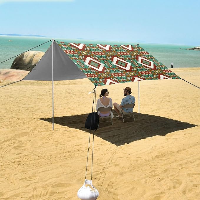 Beach Canopy with Windproof Ropes &amp Sandbags Beach Tent Sun Shade Sun Shelter for Camping Trips Fishing Backyard Fun or Picnics Boho Tribal Aztec