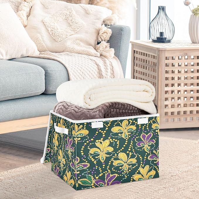 Christmas Storage Baskets with Lids Mardi Gras Themed Collapsible Bins Stackable Fabric Linen Baskets Closet Organizer Container 16.5x12.6x11.8