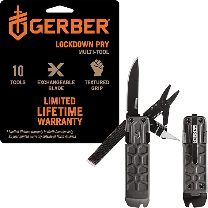 Gerber Gear Lockdown Pry 10-in-1 Multitool EDC Pocket Knife with Pry Bar for Survival Hunting and Fishing Gifts for Men