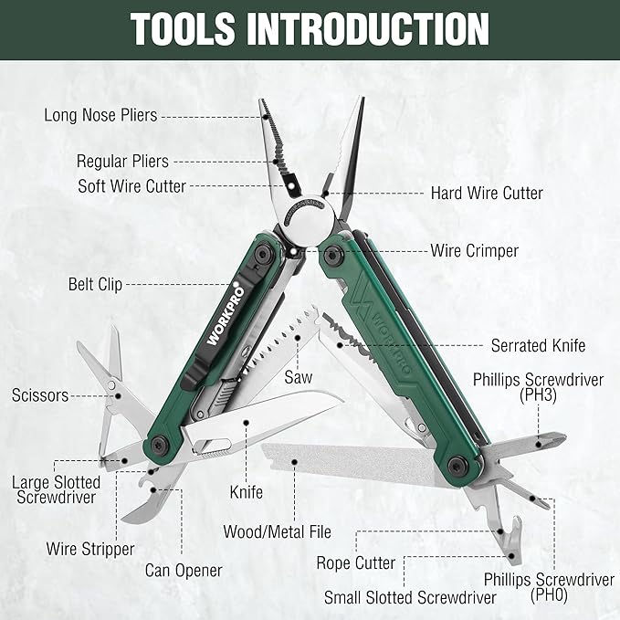 WORKPRO 2-in-1 Folding Knife/Utility Knife - Gifts for Dad &amp 18-in-1 Multi Tool Pliers Green