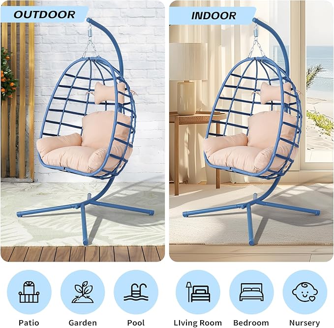 Hanging Egg Chair with Stand Outdoor Indoor Patio Rattan Swing Hammock Chairs with Washable Cushion 350lbs Capacity PE Wicker Swing Chair for Backyard Bedroom Garden (Blue + Beige Cushion)