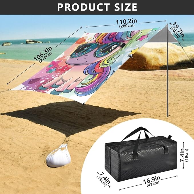 ALAZA Unicorn Horse with Rainbow Sparkles Star Beach Tent Sun Shelter Portable Canopy Sunshade for Outdoor Camping Picnics Backyard Fun 10x9 ft