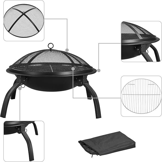 Yaheetech Fire Pit 22in Folding Firepits BBQ Fireplace with Steel Grill Cooking Grate and Poker for Outdoor Camping &amp Bonfire