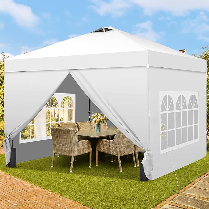 GDY 10x10 Pop Up Canopy Tent with 4 Sidewalls Easy Set up with One Push Lift Outdoor Silver Coated Beach Gazebos Carpas with 4 Sandbags for Events PartiesCamping White.