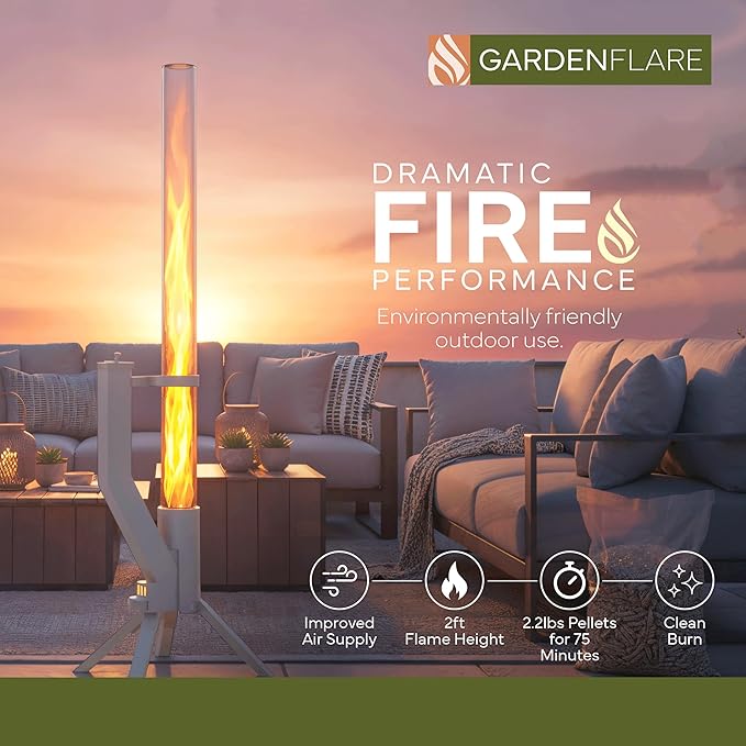 GARDENFLARE Stainless Steel Pellet Stove &amp Smokeless Firepit Patio Heater for Ambiance - Fire Pit for Patio Fire Tube Outside Backyard Bonfire &amp Outdoor Fireplace (Silver Classic)