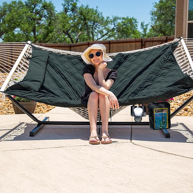 SUNCREAT Patio Portable Hammock with Stand Outdoor Double Hammock with Stand Included Gray Green Drops