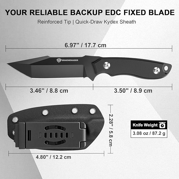 DRACHENADER Horizontal Carry Fixed Blade Knife 59-61 HRC D2 Steel Full Tang Tanto EDC Knife G10 Handle Kydex Sheath for Horizontal Scout Carry Tactical Outdoor Survival Knife