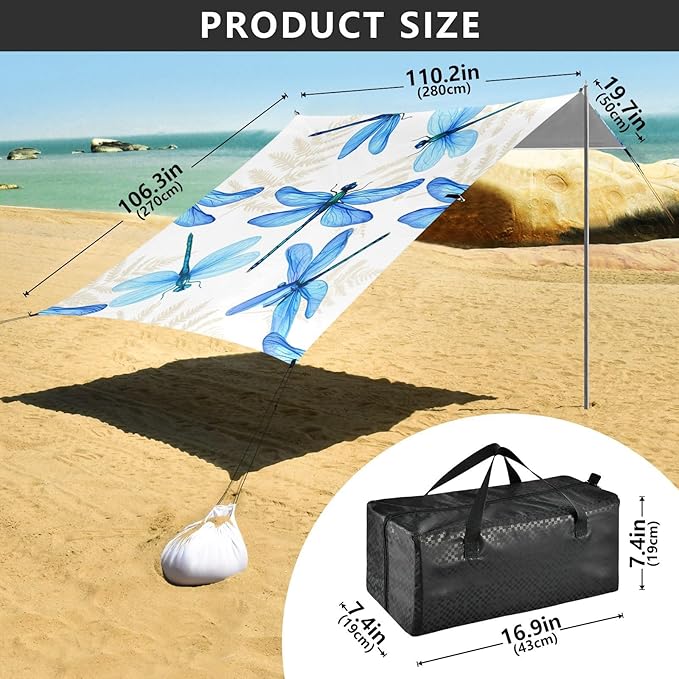 Beach Canopy with Windproof Ropes &amp Sandbags Beach Tent Sun Shade Sun Shelter for Camping Trips Fishing Backyard Fun or Picnics Dragonfly