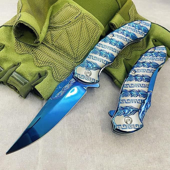 Folding knife 3D relief keel pattern 8Cr14MoV handle material for Camping Finshing Hunting Survival for Men Women (A2)