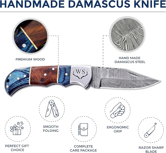 Custom Pocket Knife gifts for Men Personalized Damascus Folding Knife Engraved Gifts for Him Dad Boyfriend Husband Anniversary Groomsmen Gifts. Custom Knife for Camping Hunting Everyday Carry (