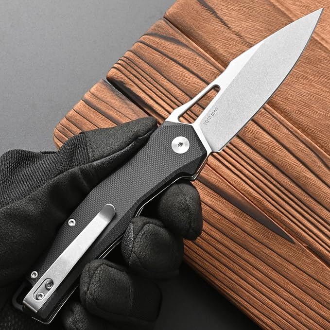 FF21 Folding Pocket KnifeVG10 Steel Blade G10 Handle Full Tang Knife for Outdoor Activities Camping Hunting Fishing(Black)