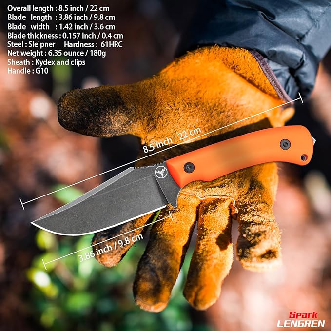 Spark Fixed Blade Knife with Sheath Textured Wood Handle Full Tang Outdoor Hunting Camping Survival Knife (Orange G10 Handle)