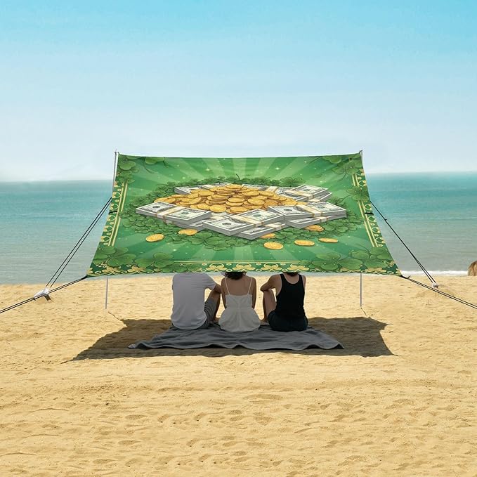 Beach Canopy with Windproof Ropes &amp Sandbags Beach Tent Sun Shade Sun Shelter for Camping Trips Fishing Backyard Fun or Picnics St. Patrick's Day