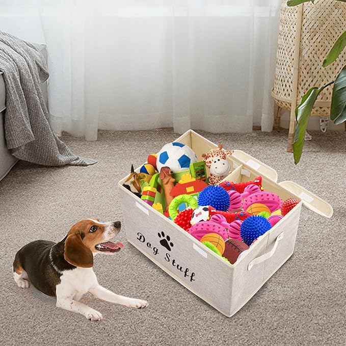 Dog toy box with lid dog storage organizer perfect basket for dog toys living room playroom closet home organization and storage - Beige