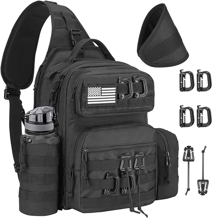 CVLIFE Tactical Sling Bag Backpack for Men Military Shoulder Sling Bag Molle Detachable Tactical Bag with Bottle Holder Hidden Pocket Daily Day Pack Work Bag for EDC Hiking Black
