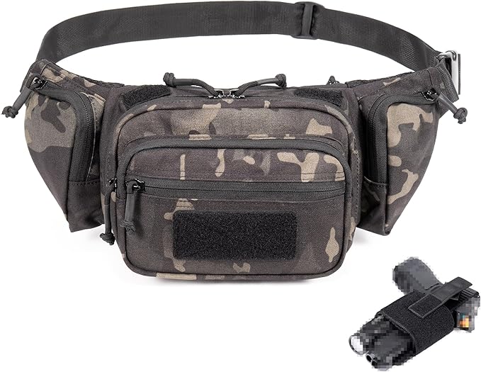 CCW Tactical Fanny Pack for Concealed Carry 500D Nylon Low Profile EDC Waist Bag with Pistol Holster &amp YKK Zippers Everyday Carry Hip Pack (Black-camo)