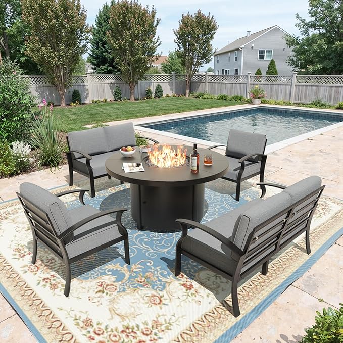 Kurapika Propane Round Fire Pit Table 48in 40000 BTU Auto-Ignition Round Gas Fire Pits CSA Certification Wider Desktop Round Fire Tables with Windshield White Stone and Lid for Outside Patio