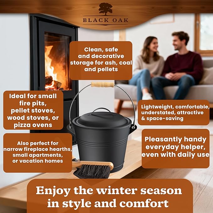 BLACK OAK Ash Bucket Piton 1.5 GAL - Black with lid with Wooden Handle + Brush + Shovel &amp Gloves - 5L Large Steel Fireproof Galvanized &amp Powder-Coated Bucket ash Coal pellets Timeless Design