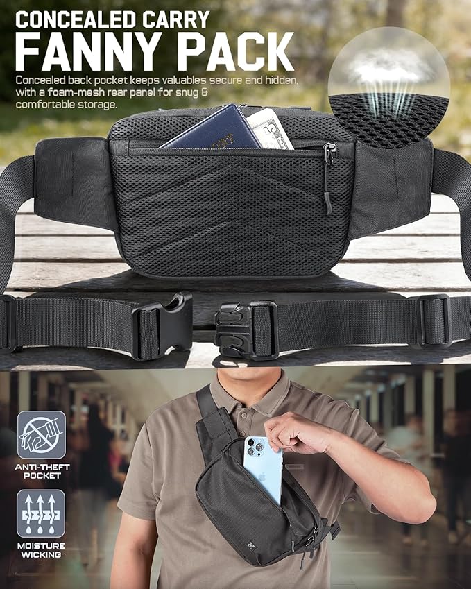 Large Tactical CCW Fanny Pack for Men Women Security Carry EDC Crossbody Bag Anti Theft Waist Bag for Hiking Hunting Running (Adjustable Up to 57 Waist Includes 1 Holster)