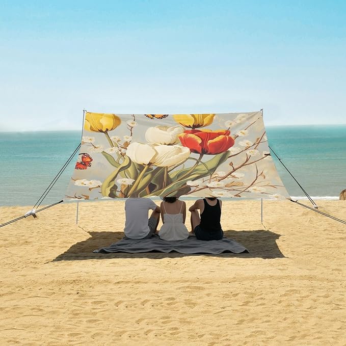 ALAZA Vintag Tulips Branches and Butterflies Beach Tent Sun Shelter Portable Canopy Sunshade for Outdoor Camping Picnics Backyard Fun 10x9 ft