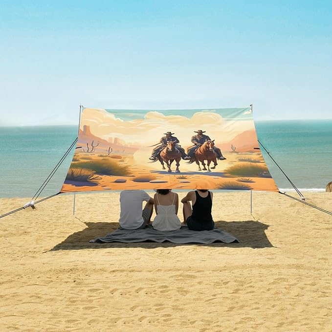 Beach Canopy with Windproof Ropes &amp Sandbags Beach Tent Sun Shade Sun Shelter for Camping Trips Fishing Backyard Fun or Picnics Cowboy