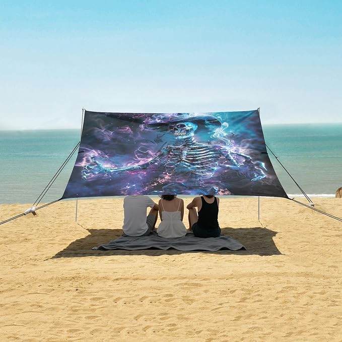 ALAZA Halloween Skull Magic Beach Tent Sun Shelter UPF50+ Protection Beach Shade Canopy w/ 4 Sandbags for Outdoor Camping Fishing Backyard Fun Picnic 10x9 ft