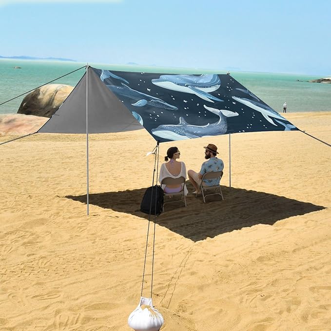ALAZA Whale Polka Dots Beach Tent Sun Shelter UPF50+ Protection Beach Shade Canopy w/ 4 Sandbags for Outdoor Camping Fishing Backyard Fun Picnic 10x9 ft