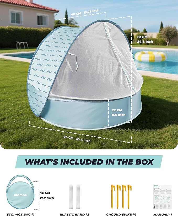 Baby Beach Tent with Pool 3-in-1 Upgrade Pop Up UPF 50+ Sun Protection Shelter with Mosquito Net Babies Toddlers Portable Outdoor Summer Essentials for Beach Backyard Indoor- Blue Wave