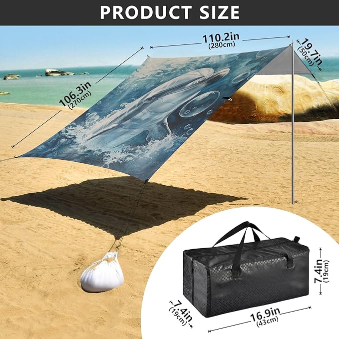 ALAZA Ocean Dolphin with Bubbles Beach Tent Sun Shelter Portable Canopy Sunshade for Outdoor Camping Picnics Backyard Fun 10x9 ft
