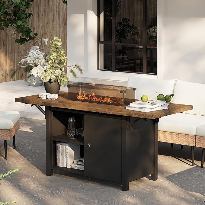 55 Propane Fire Pit Table50000btu Gas Fire Pit Table with Brown Windshield &amp Lava Rock2 in 1 Foldable Expansion Table Fire Pit with CSA Certification Firepit Table for Outdoor Patio