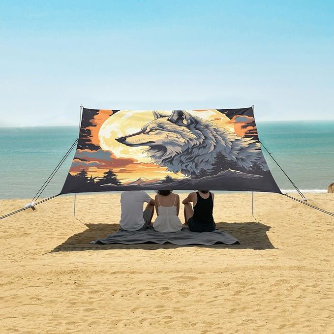 ALAZA Wolf Moon Mountain Beach Tent Sun Shelter Portable Canopy Sunshade for Outdoor Camping Picnics Backyard Fun 10x9 ft