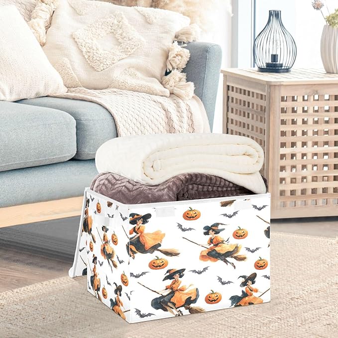 Halloween Baskets Collapsible Storage Bins with Lids Witch Pumpkin Bat Pattern Storage Boxes Clothes Baskets for Organizing