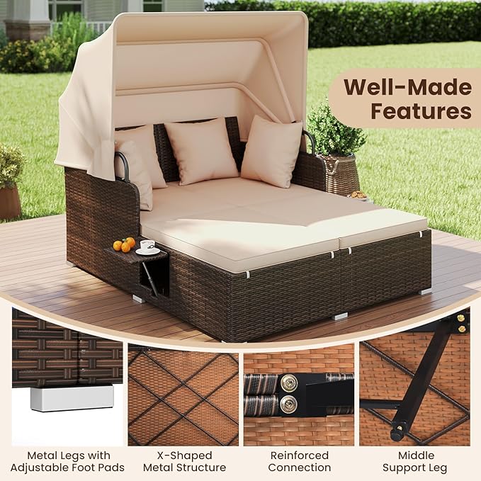 Tangkula Patio Rattan Daybed with Retractable Canopy Outdoor Wicker Sunbed with 2 Foldable Side Tables Thick Seat &amp Back Cushions Outside Double Daybed for Garden Backyard Porch Beige &amp