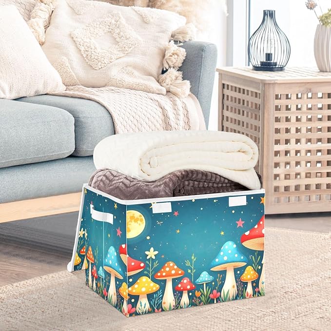 Storage Cube with Lid Night Mushroom Cartoon Print 16.5×12.6×11.8 IN Collapsible Large Capacity Foldable Storage Basket Bin Organizer
