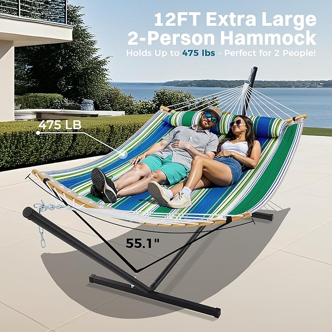 SUPERJARE Curved-Bar Hammock with Stand 2 Person Heavy Duty Hammock Frame Detachable Pillow &amp Portable Carrying Bag Perfect for Outdoor &amp Indoor Green Bold Stripe