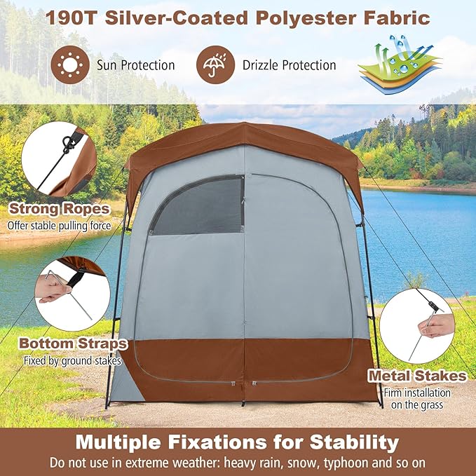 Tangkula Double Room Shower Tent Oversize Space Privacy Tent with Floor Removable Rain Fly Inside Pocket Clothesline Top Hook Portable Outdoor Changing Tent for Dressing Camping Toilet