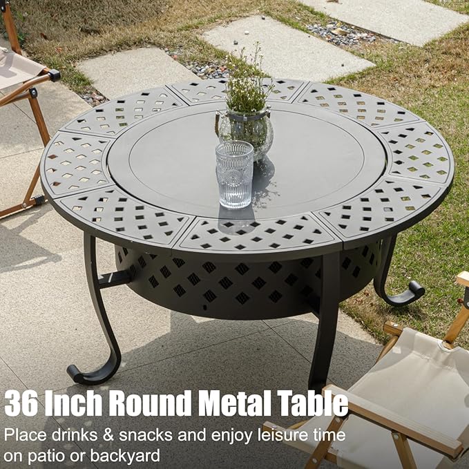 Panovue 36 Inch Fire Pit with 2 BBQ Grills Wood Burning Fire Pits for Outside with Lid &amp Fire Poker BBQ&amp Outdoor Firepit &amp Round Metal Table 3 in 1 for Patio Picnic Party