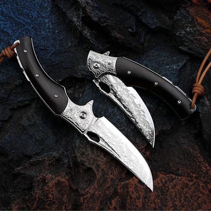 3.5 inch Japanese VG10 Damascus Steel Outdoor Folding Knife with Black Wood Handle Lined Lock EDC &amp Camping Use