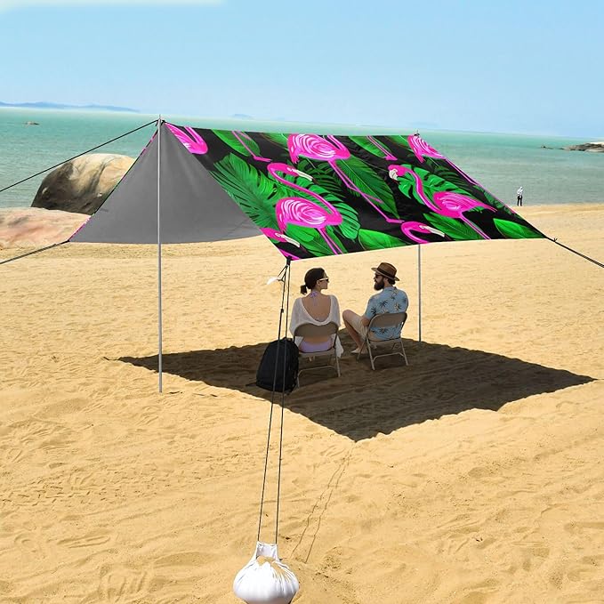 Flamingo Beach Canopy Sun Shelter with Sandbags &amp Sand Shovel &amp Windproof Ropes - Portable 110x126 Beach Shade Beach Tent for Camping Picnics