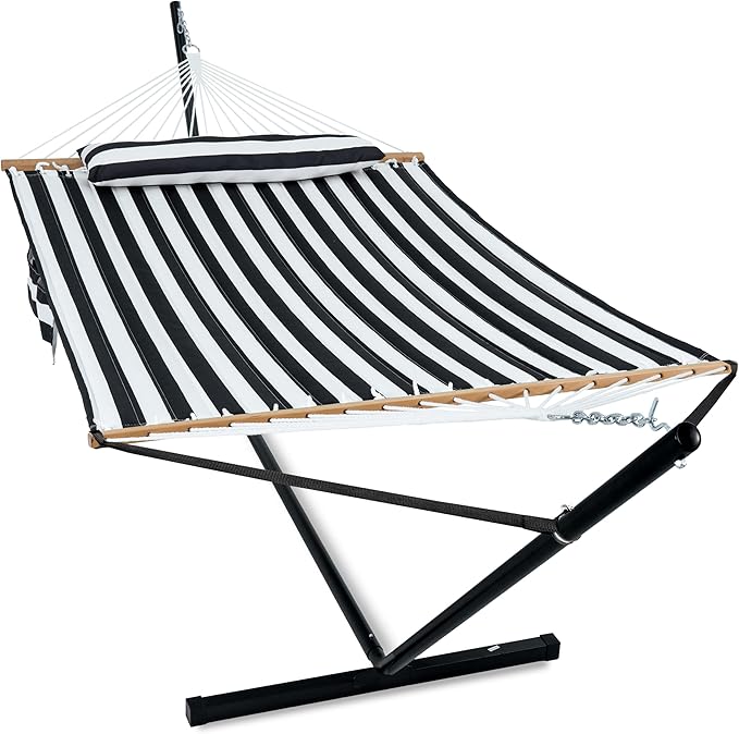 GAFETE 2 Person Hammock with Stand for Outside Heavy Duty Steel Stand Double 55inch Hammocks Large Removable Pillow Storage Bags Max 475 lbs Capacity (Stripe Black-White)