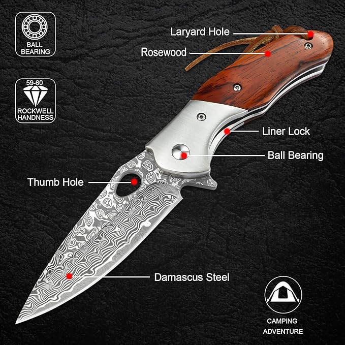 KOMWERO Damascus Pocket Knife for Men VG10 Core Damascus Steel Folding Knife with Wood Handle Ball Bearing Thumb Hole Liner Lock Sheath for EDC Outdoor Survival Hunting