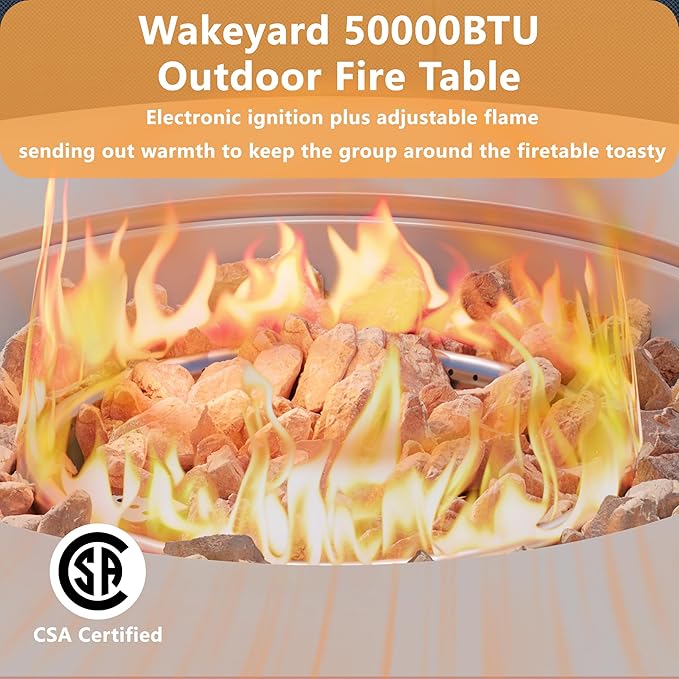 32 inch Round Propane Fire Table 50000 BTU Gas FirePit Patio Fire Pit Table with Steel Lid Rain Cover 10ft Propane Hose Lava Rocks Grey