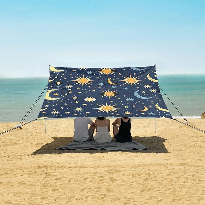 ALAZA Sun Moon Star Starry Sky Beach Tent Sun Shelter UPF50+ Protection Beach Shade Canopy w/ 4 Sandbags for Outdoor Camping Fishing Backyard Fun Picnic 10x9 ft